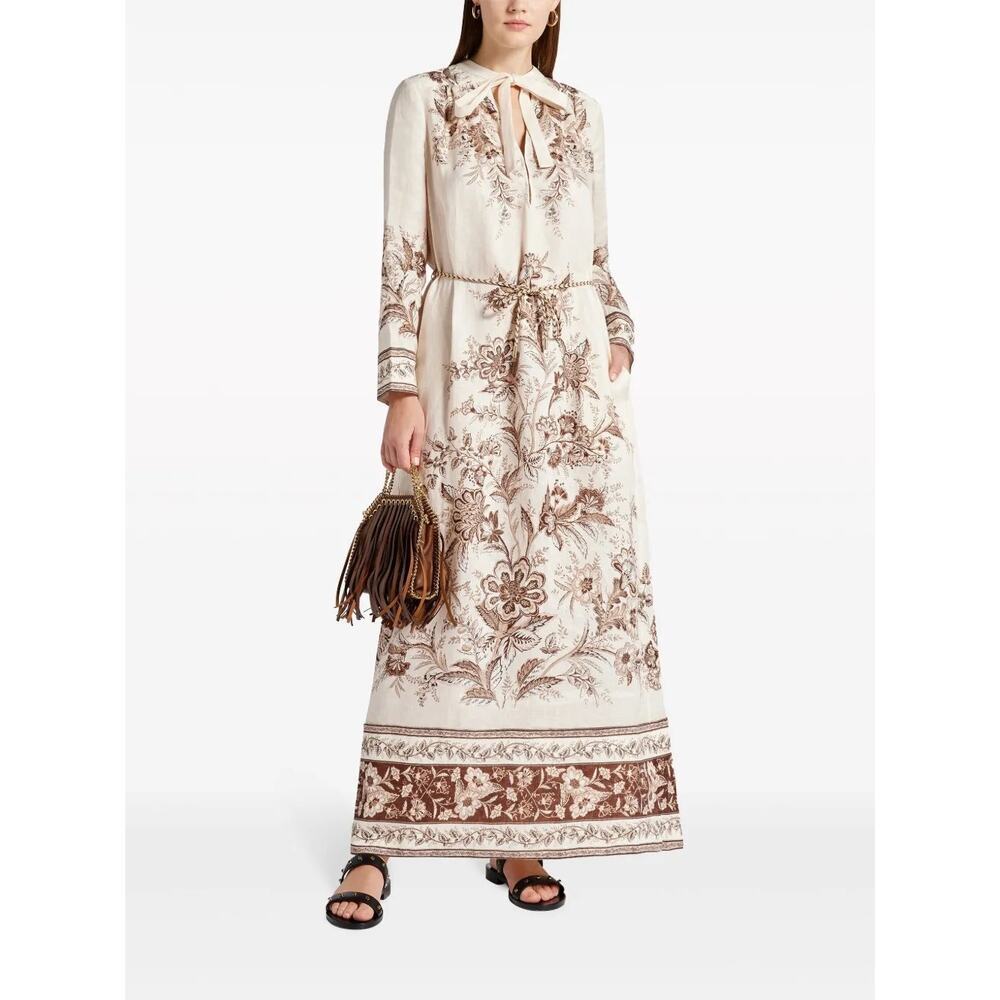 ZIMMERMANN JUNIE LONG SLEEVE BEIGE FLORAL MAXI DRESS with BELT AUS 1/US 6